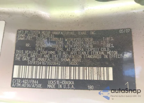 2007 Toyota Tundra Sr5 4.7L V8 z USA, uszkodzony, nr VIN 5TFRT54167X009642